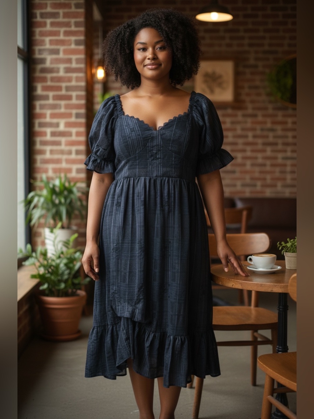 NWT Adelyn Rae XL Puff Sleeve Midi Dress Lace Sweetheart Corset Ruffle Hem Navy